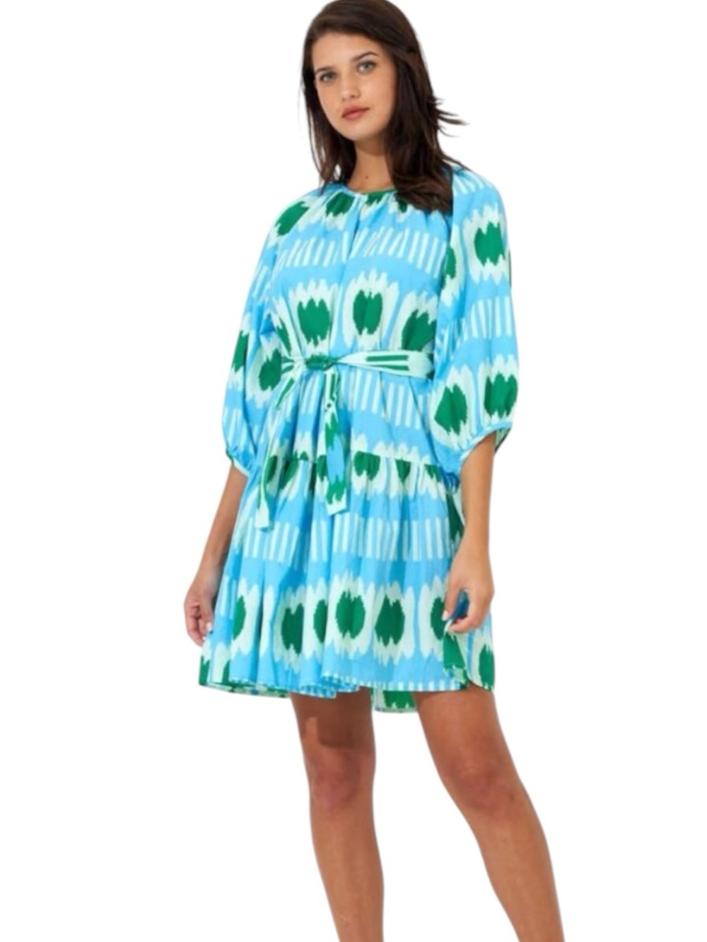 OLIPHANT Aqua Blue Green Ikat Print Tie Waist Puff Sleeve Mini Dress - S